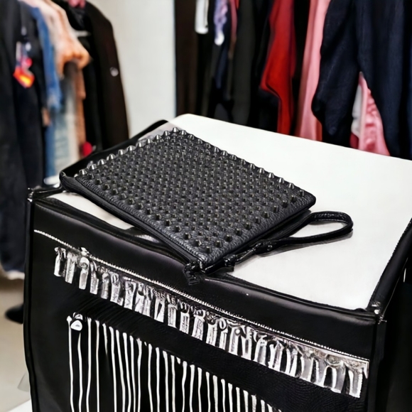 Unisex Black Studded Clutch Bag With Crossbody Shoulder Strap